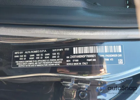 2023 Alfa Romeo Giulia Veloce Awd z USA, uszkodzony, nr VIN ZARFANBN5P7668901